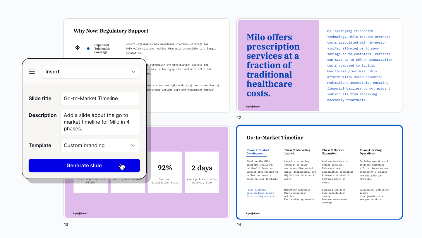 Illustration with screenshot of custom branded slides in the background and Caktus AI UI for inserting a new slide in the foreground.